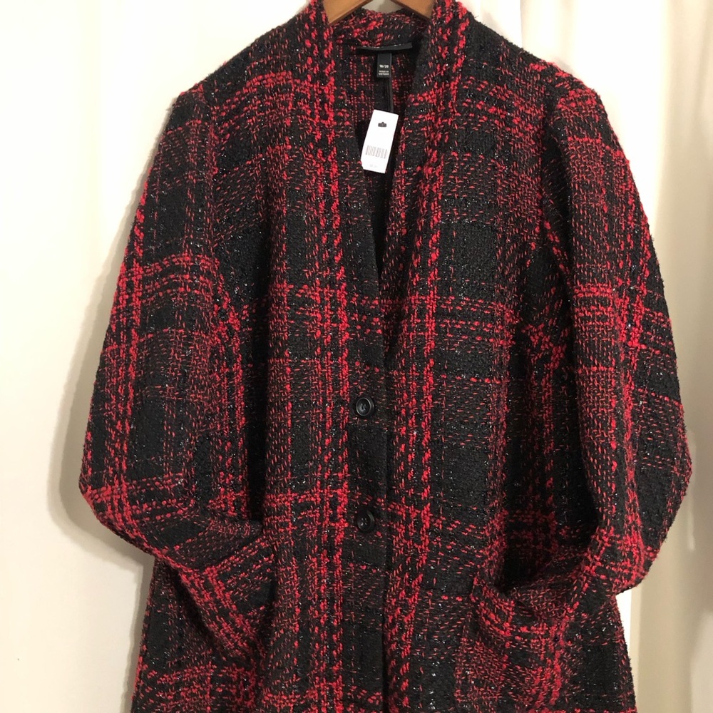 Lane Bryant Women's Shimmer Long Blazer Plus 18/20 Red/Black Plaid Tweed Unlined